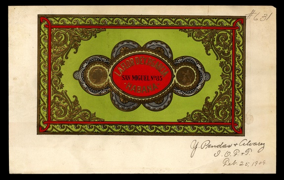 Ornate green and red cigar box label signed Y. Pendas and Alvarez, 1909